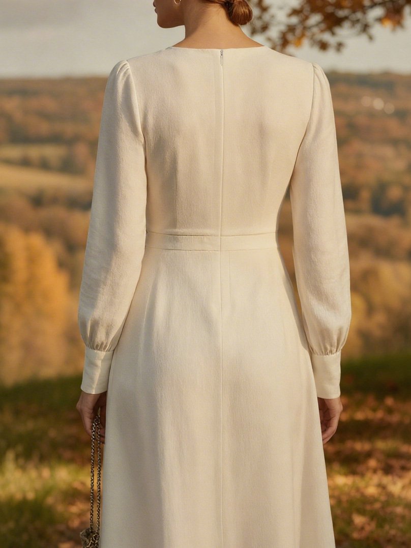 Maxi Linen Dress, Long Sleeves, Round Neck, Plain, 3D Floral, Vintage, White