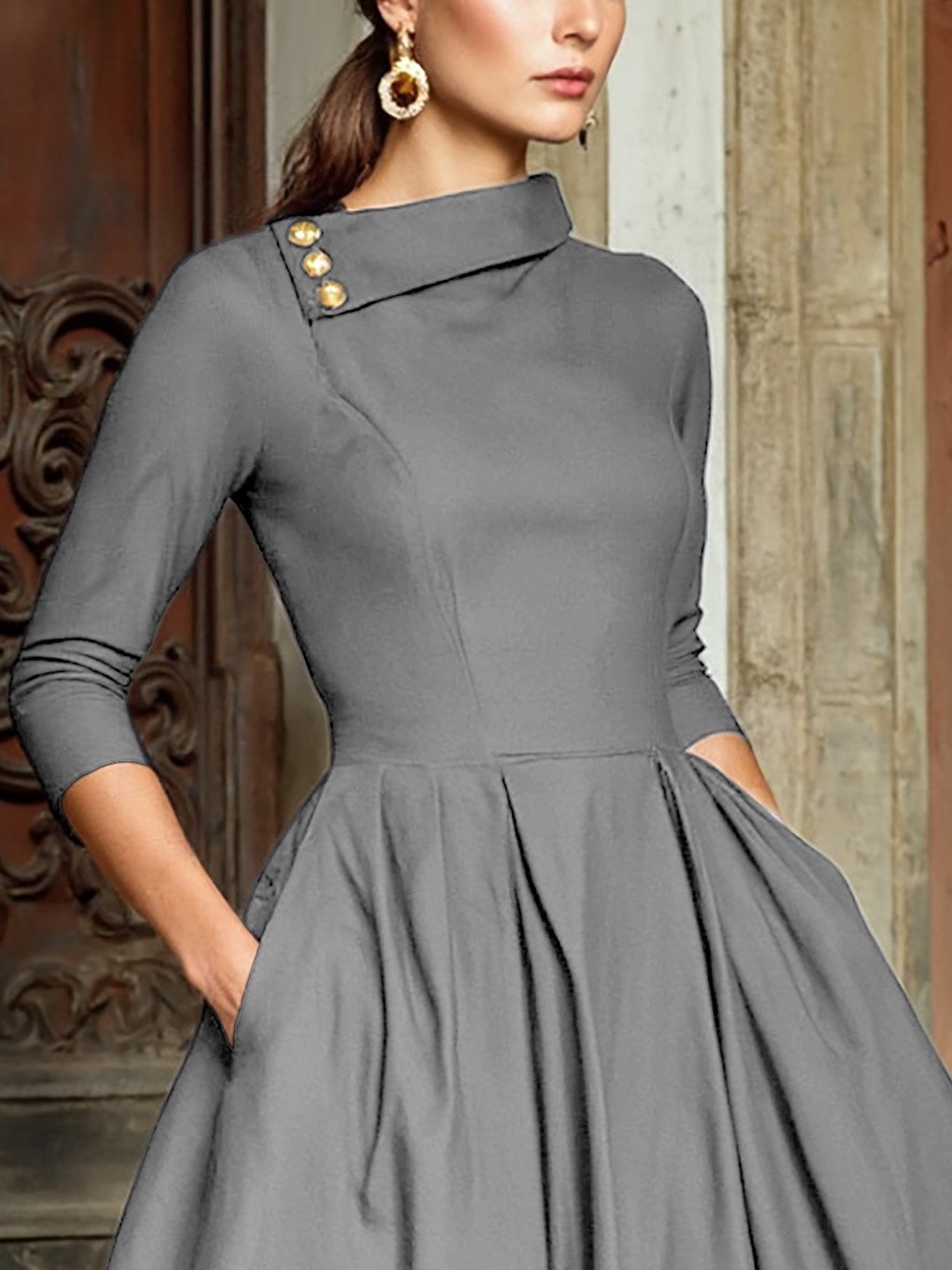 Midi Cotton Dress, Half Sleeve, Shawl Collar, Plain, Pocket Design, Vintage, Black