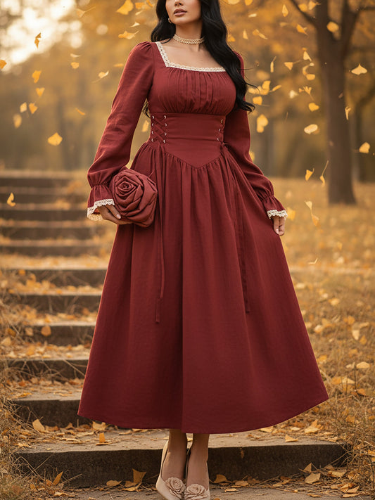 Maxi Linen Dress, Long Sleeves, Square Neck, Plain, Lace, French Vintage, Red