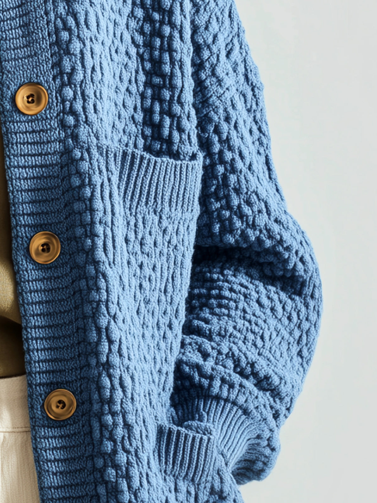 Taidalw Chic Vintage Blue Crew Neck Single-breasted Multi-pocket Textured Knit Slouchy Cardigan