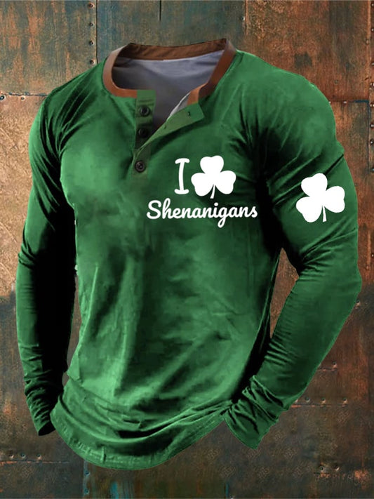 Men's I Clover Shenanigans Irish Clover St. Patrick 'S Day Print Long Sleeve Top