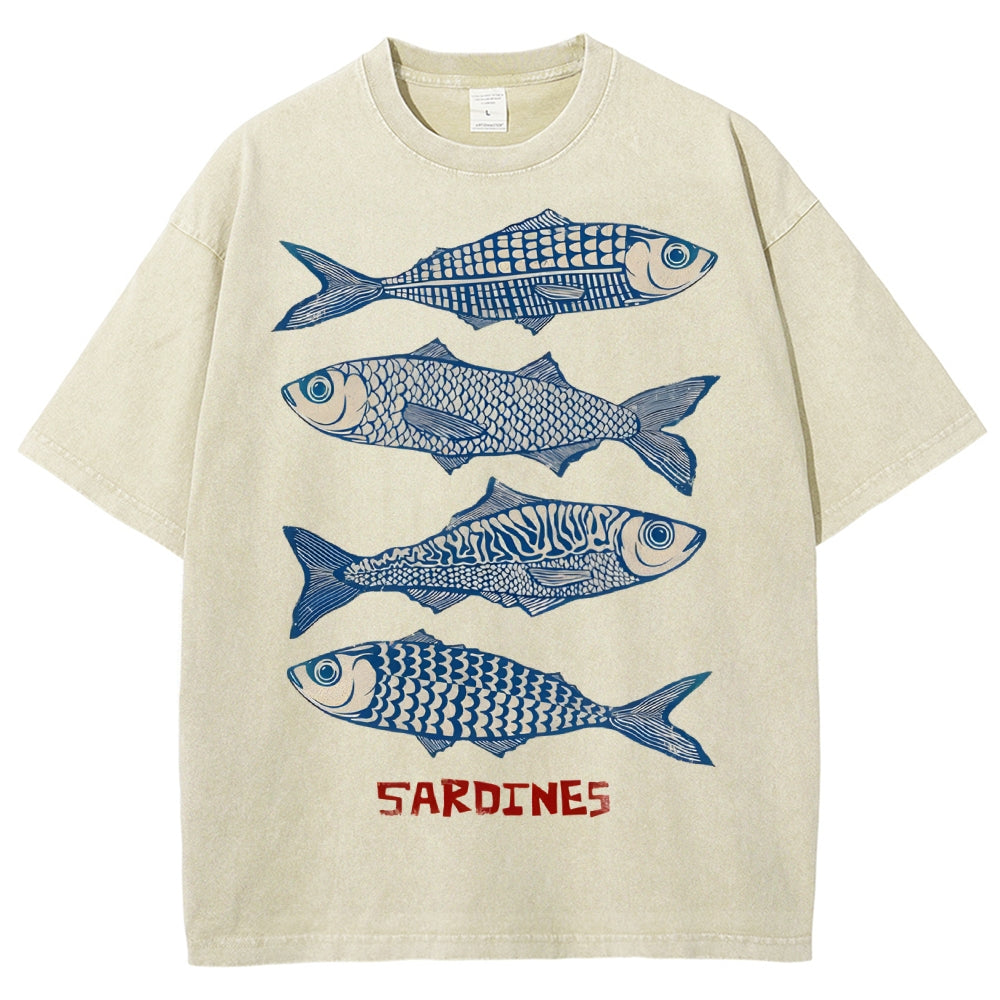 Unisex Sardines Printed Washed Tee
