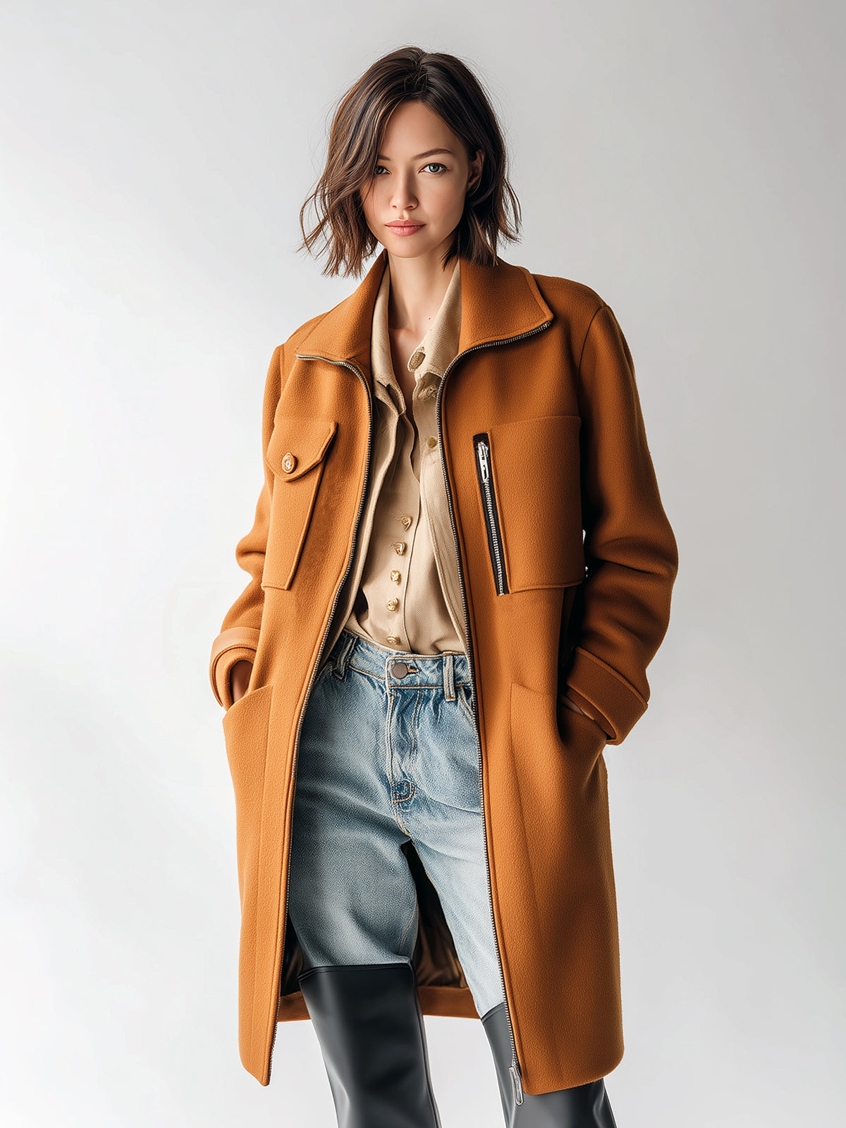 Taidalw Chic Caramel Collared Zip-Up Multi-Pocket Mid-Length Sophisticated Statement Coat