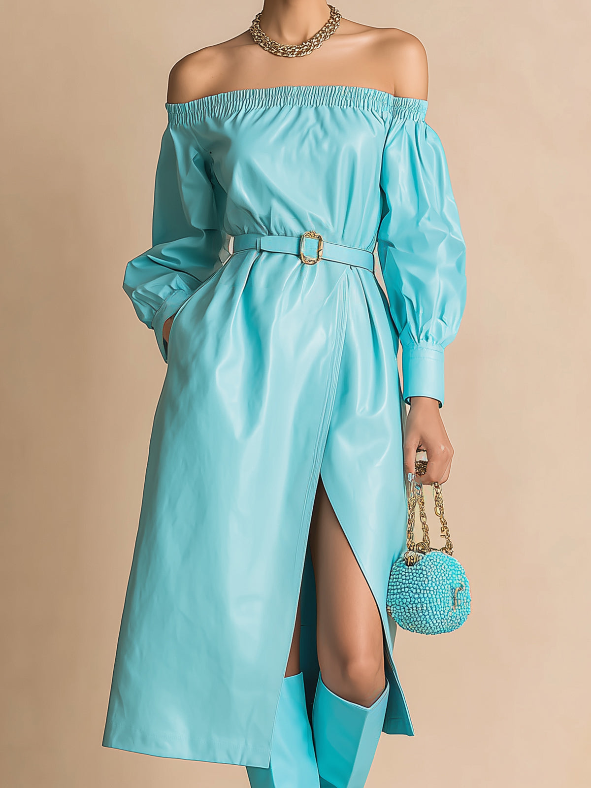 Taidalw Chic Elegant Blue Faux Leather Off The Shoulder Loose Fit Belted Long Sleeve Slit Midi Dress