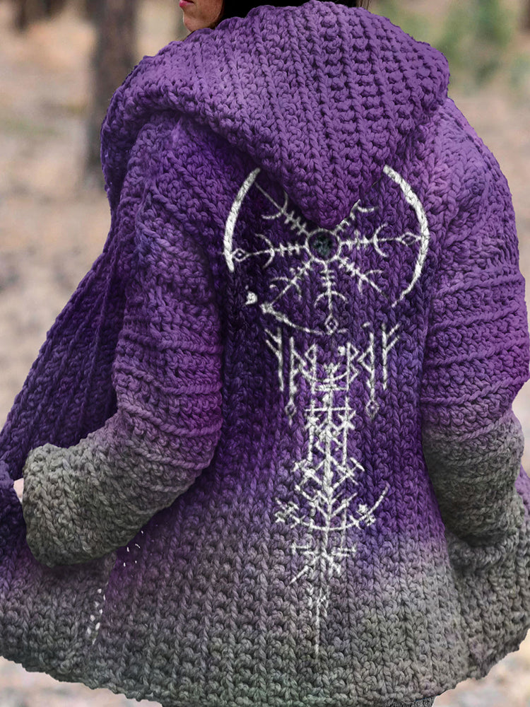 Tie-Dye Ombre Viking Compass Pattern Hooded Sweater Cardigan