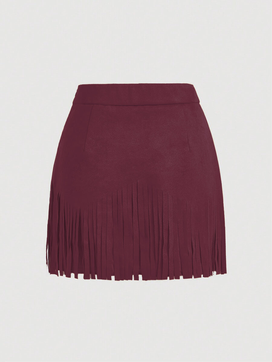 Women's Vintage Hippie Rivet Fringe Brown Suede A-Line Skirt