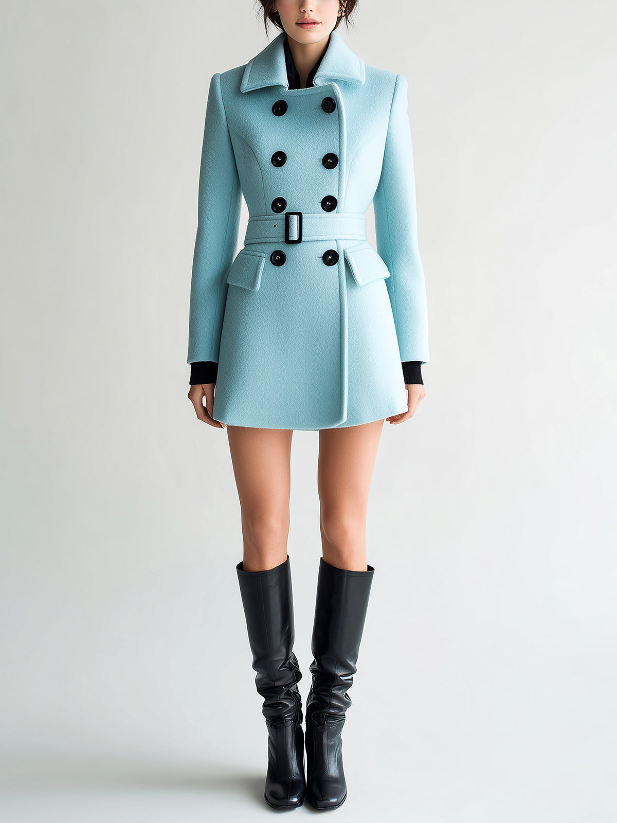 Taidalw Chic Vintage Ligh Blue Wool Blend Lapel Double-Breasted Belted Slim-Fit Peacoat