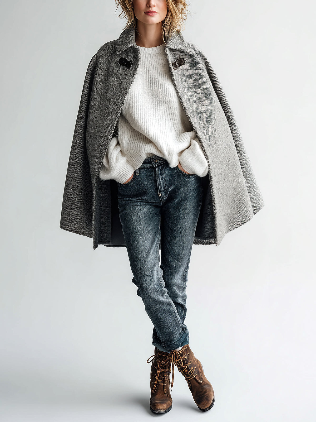 Taidalw Chic Vintage Gray Wool Blend Lapel Collar Single-Button Cape Coat