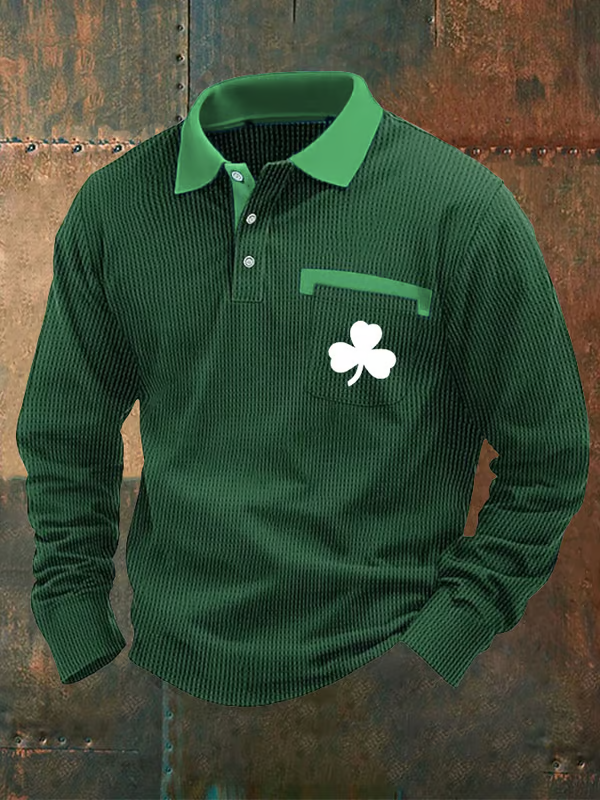 Men's St. Patrick's Day Shamrock Print Long Sleeve Polo Top