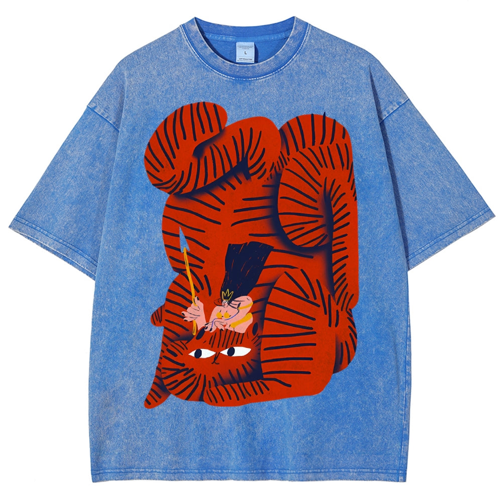 Unisex Vintage Cat Printed Washed Tee