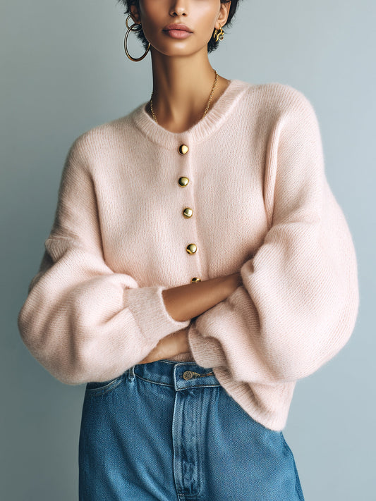 Taidalw Chic Vintage Pink Round-Neck Single-Breasted Long Lantern Sleeve Loose Knit Cardigan