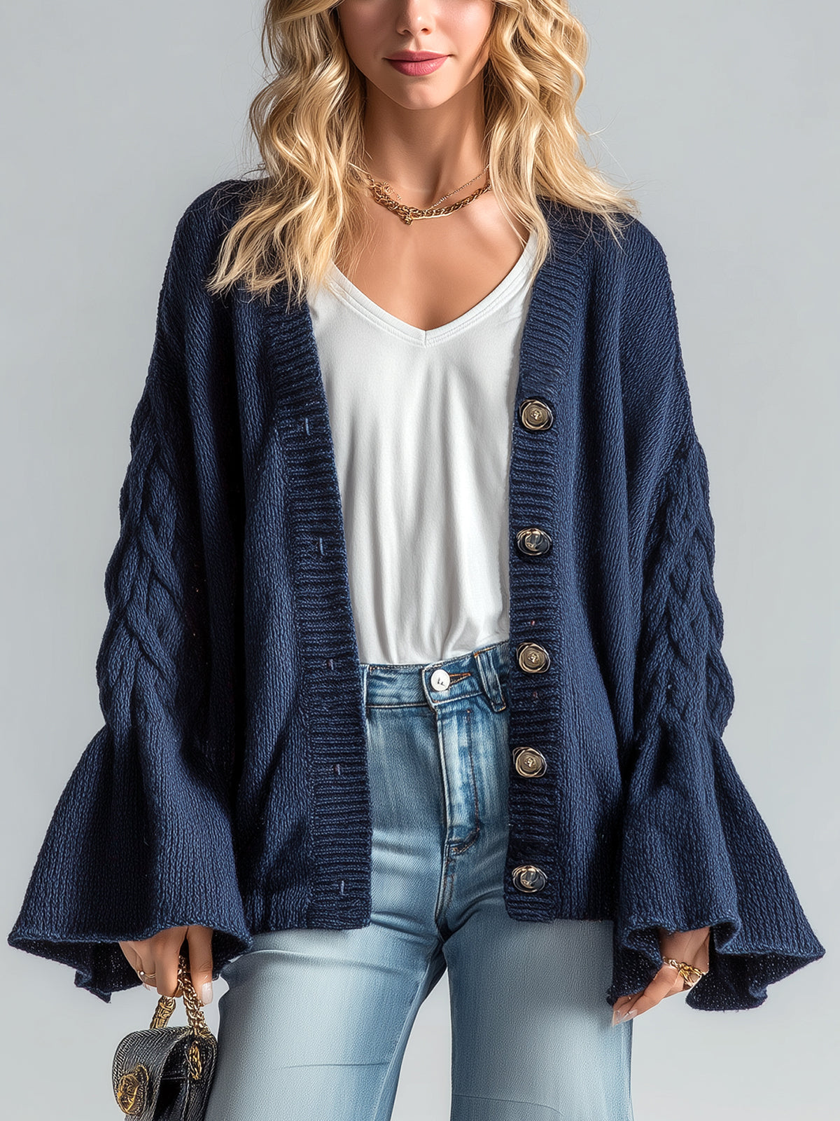 Taidalw Chic Vintage Navy V-Neck Single-Breasted Bell Sleeve Oversized Cable-Knit Cardigan