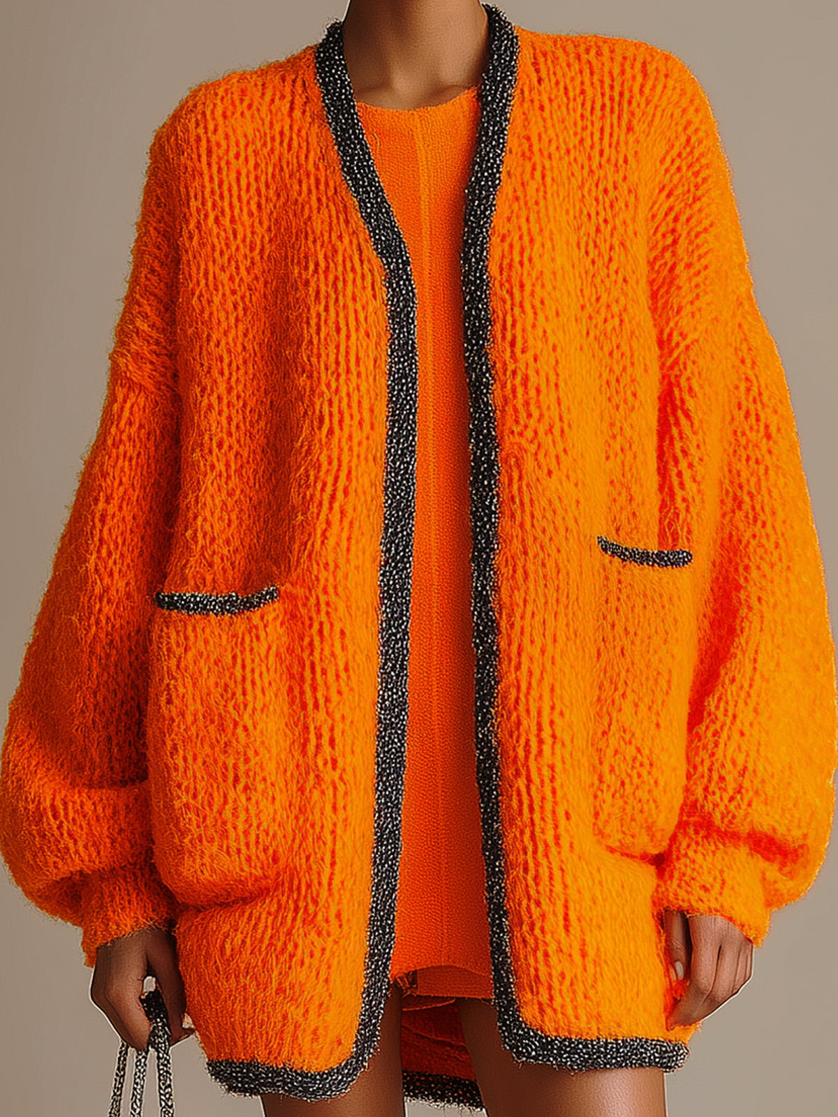 Taidalw Chic Casual Orange Contrast Trim Patch Pockets Oversized Mid-Length Knit Cardigan