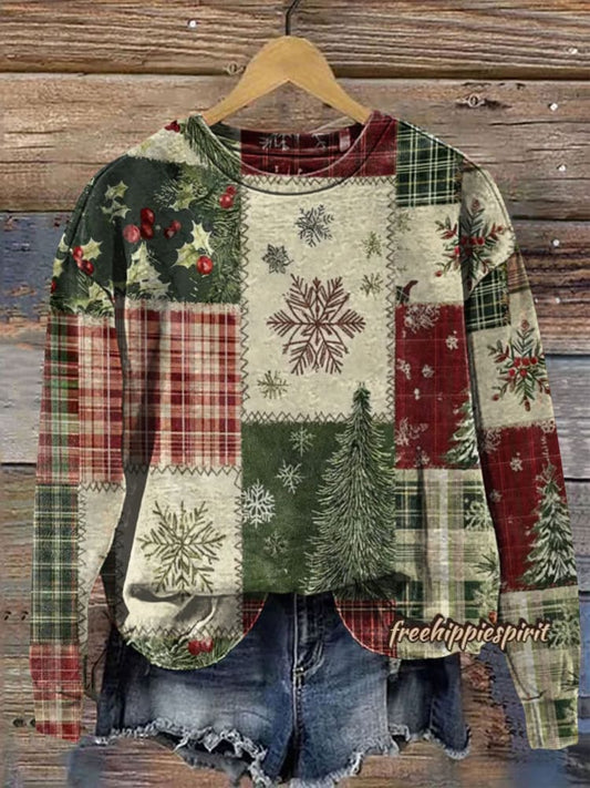 Vintage Christmas Patchwork Art Print Casual  Sweatshirt