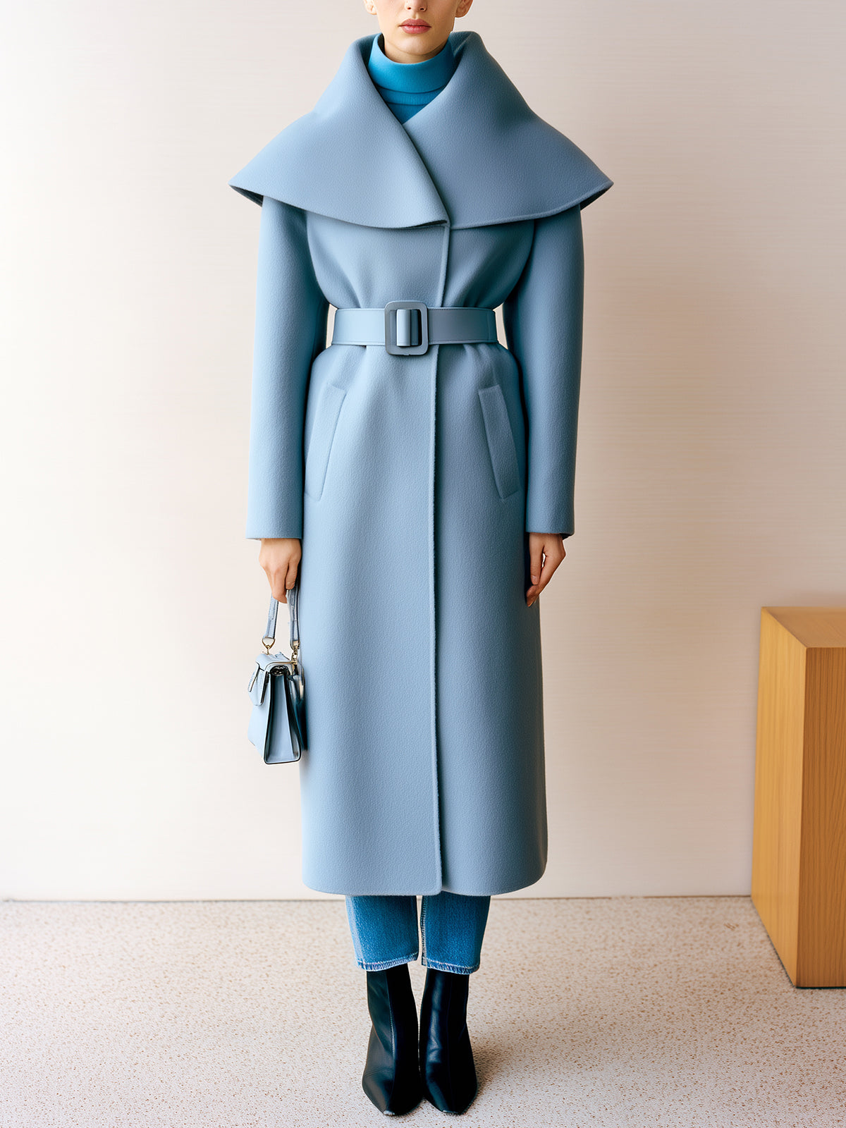 Taidalw Chic Vintage Light Blue Wool Blend Oversized Lapel Single Breasted Belted Long Coat