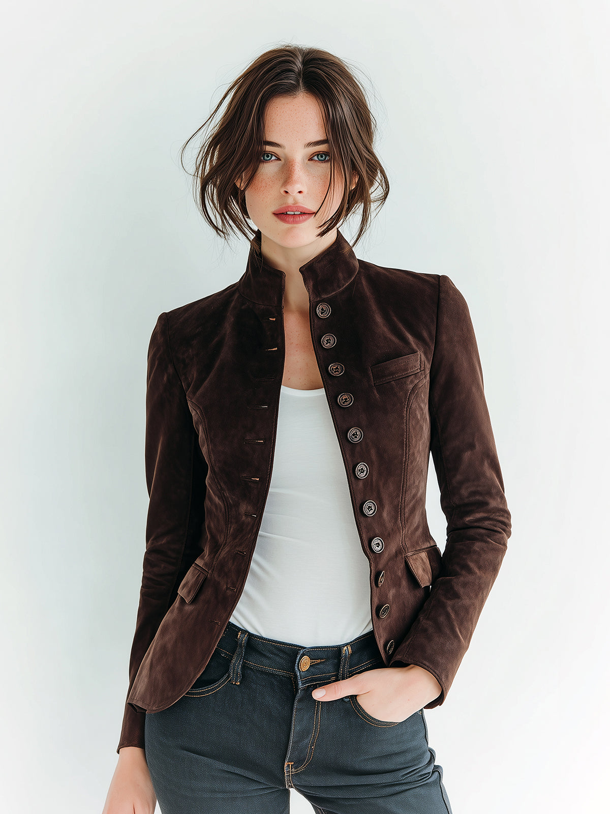 Taidalw Chic Vintage Dark Brown Faux Suede Stand-Collar Single-Breasted Slim-Fit Cropped Jacket