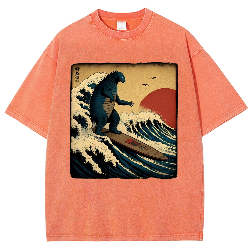 Unisex Vintage Japanese illustration Printed Washed Tee
