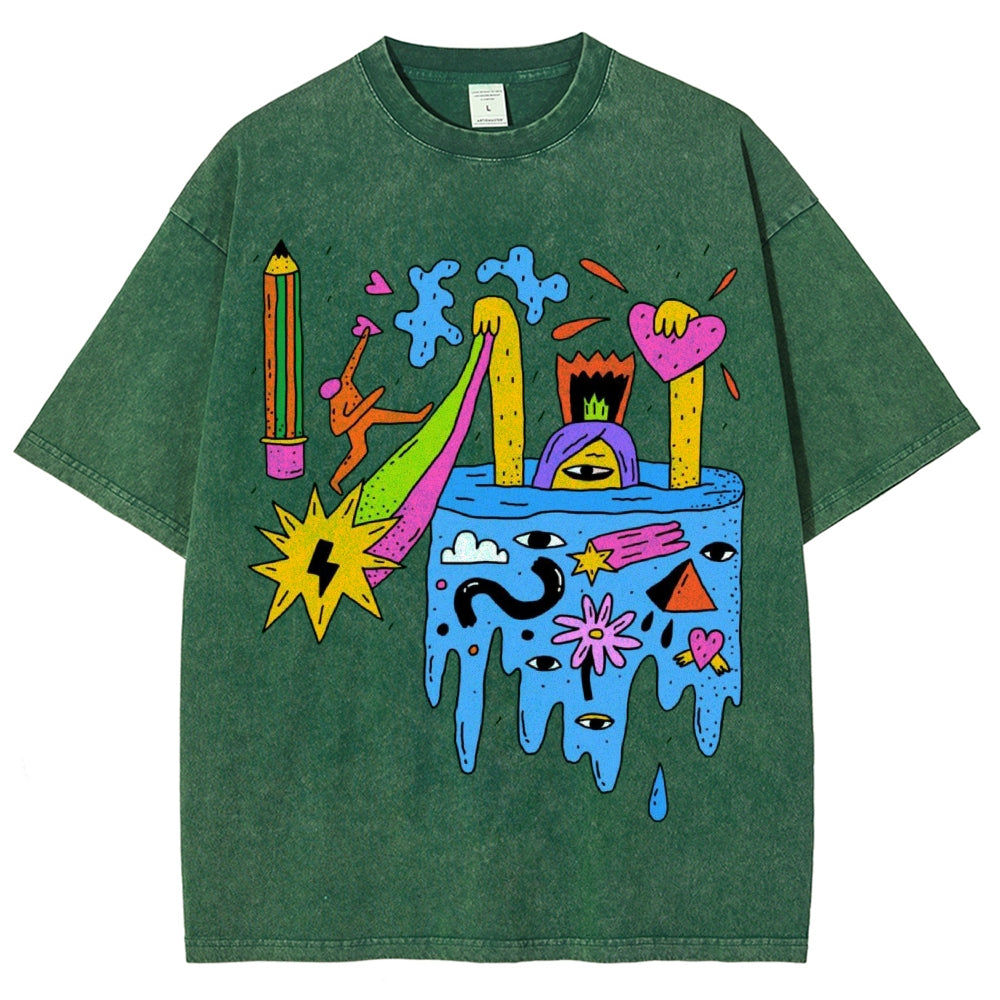 Unisex Abstract Art Eyes Printed Washed Tee