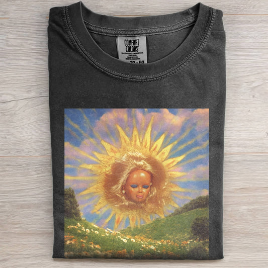 DOLL FACE MEME UNHAPPY SUN DOLL OVER HILLS TEE