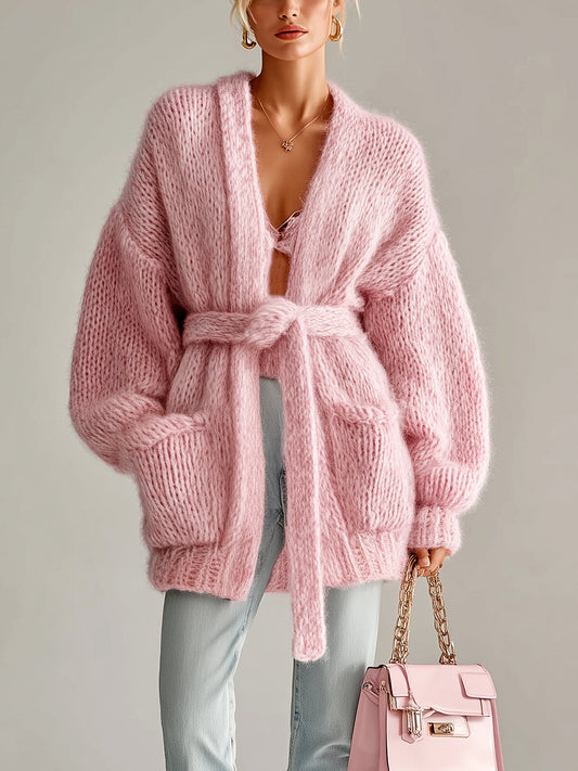Taidalw Chic Vintage Pink V-Neck Oversized Tie-Waist Patch Pocket Fuzzy Knit Cardigan