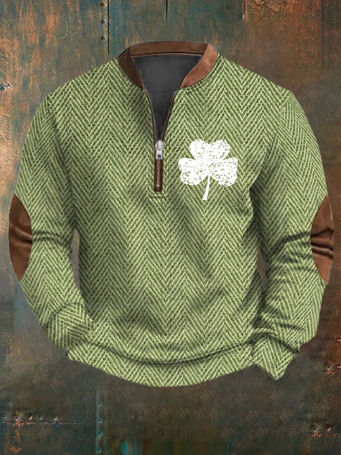 Men's St. Patrick's Day Trefoil Design Jacquard Herringbone Fabric Zip Collar Sweatshirt