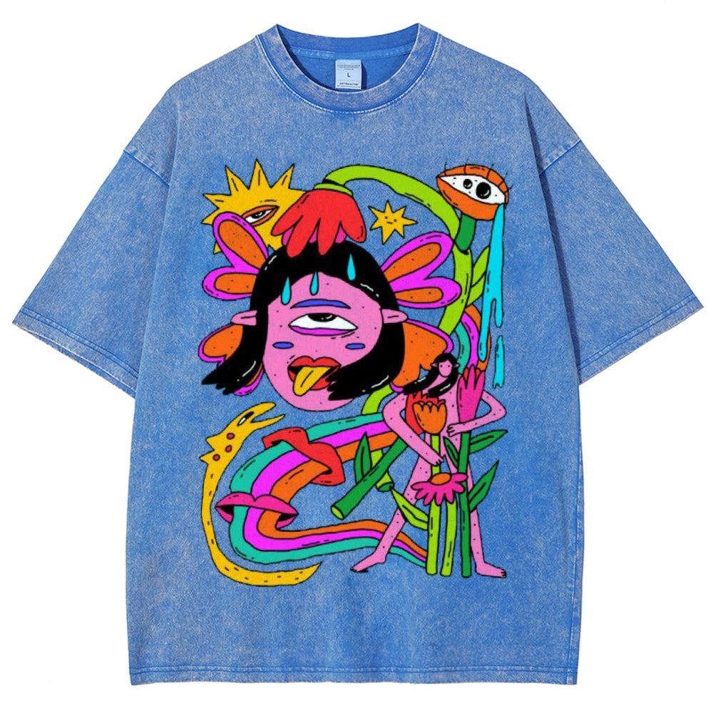 Unisex Abstract Art Human Face Eyes Printed Washed Tee