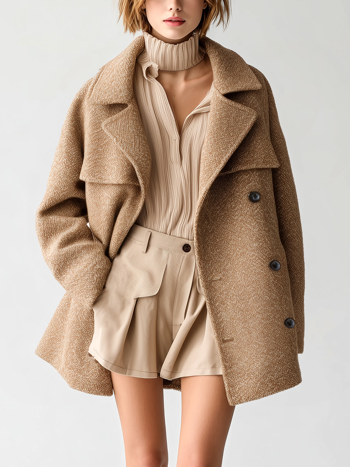 Taidalw Chic Vintage Camel Textured Wool Blend Lapel Double-Breasted Oversized Warm Coat