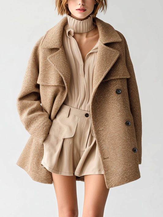 Taidalw Chic Vintage Camel Textured Wool Blend Lapel Double-Breasted Oversized Warm Coat
