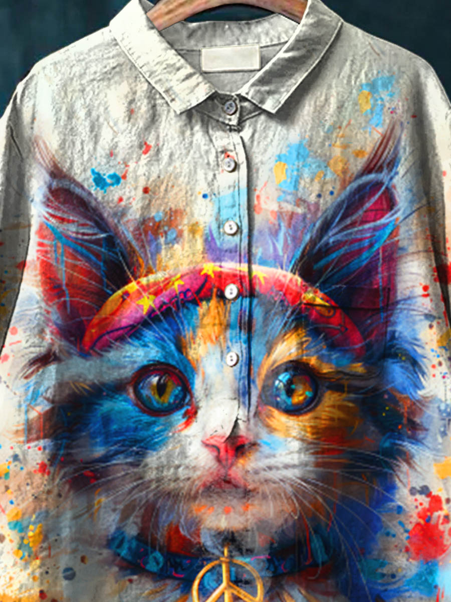 Peace And Love Cat Art Pattern Print Casual Cotton And Linen Shirt