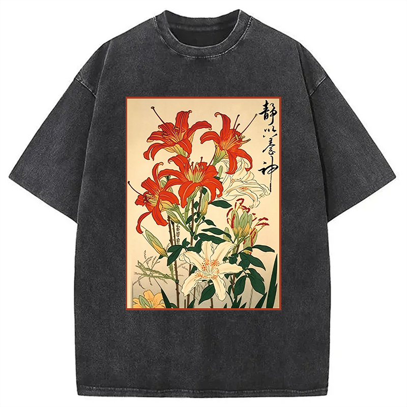 Red And White Lilies Washed T-shirt