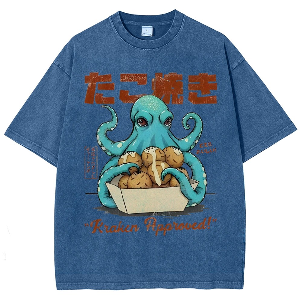 Unisex Japanese Octopus Printed Washed Tee
