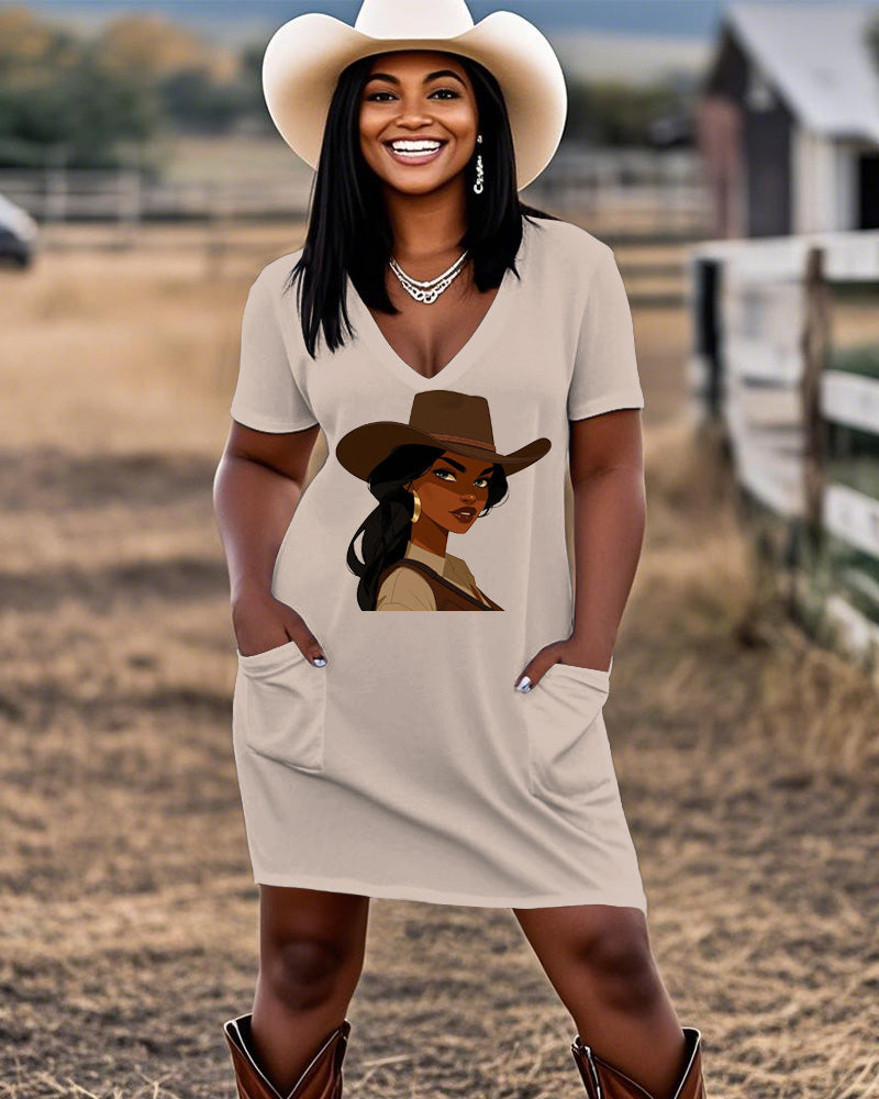Cartoon Melanin Cool Cowgirl Casual V-neck Pocket Dress