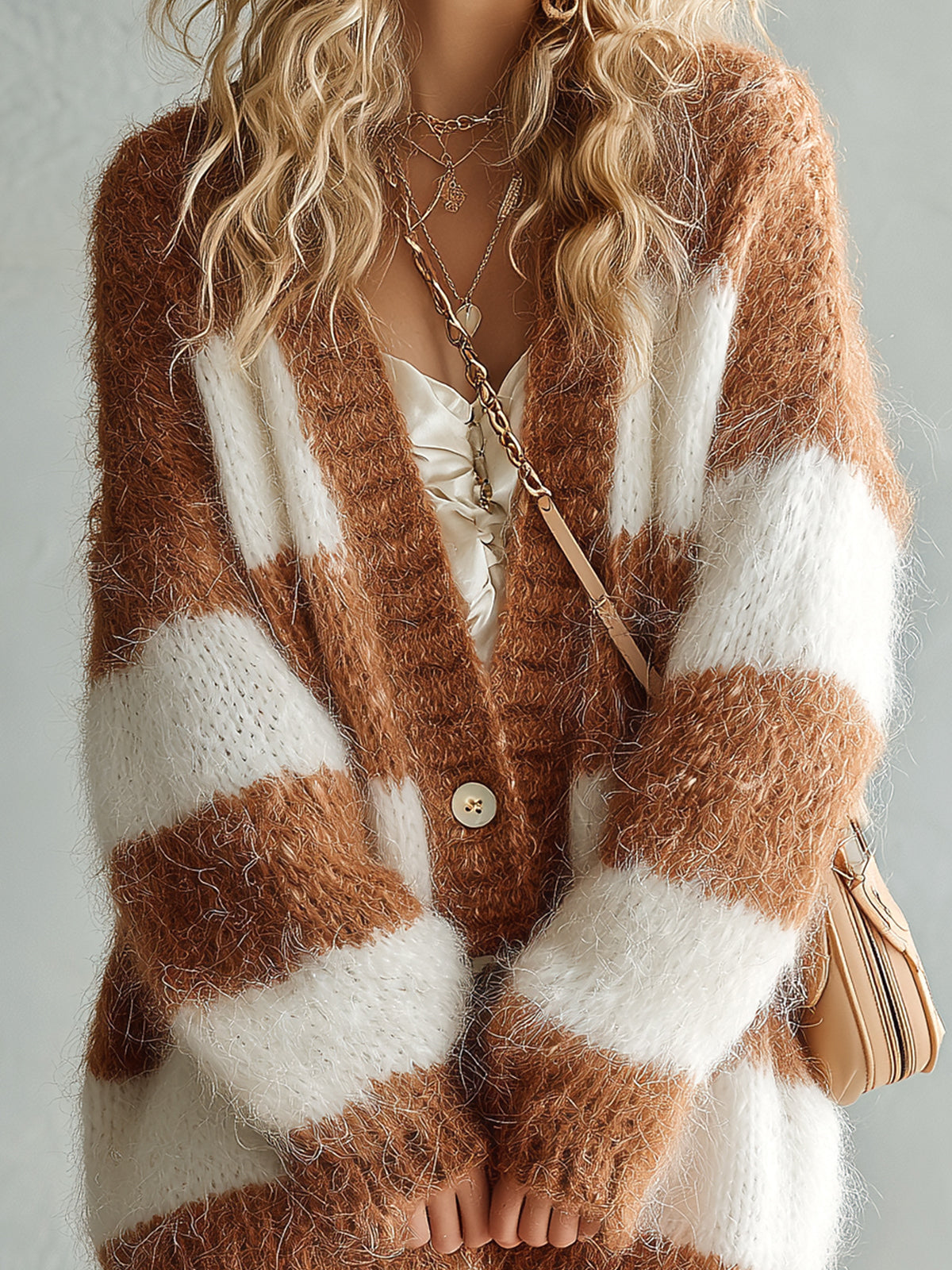 Taidalw Casual Vintage Contrast Stripe V-neck Single-breasted Oversized Long-Sleeve Mohair Knit Cardigan