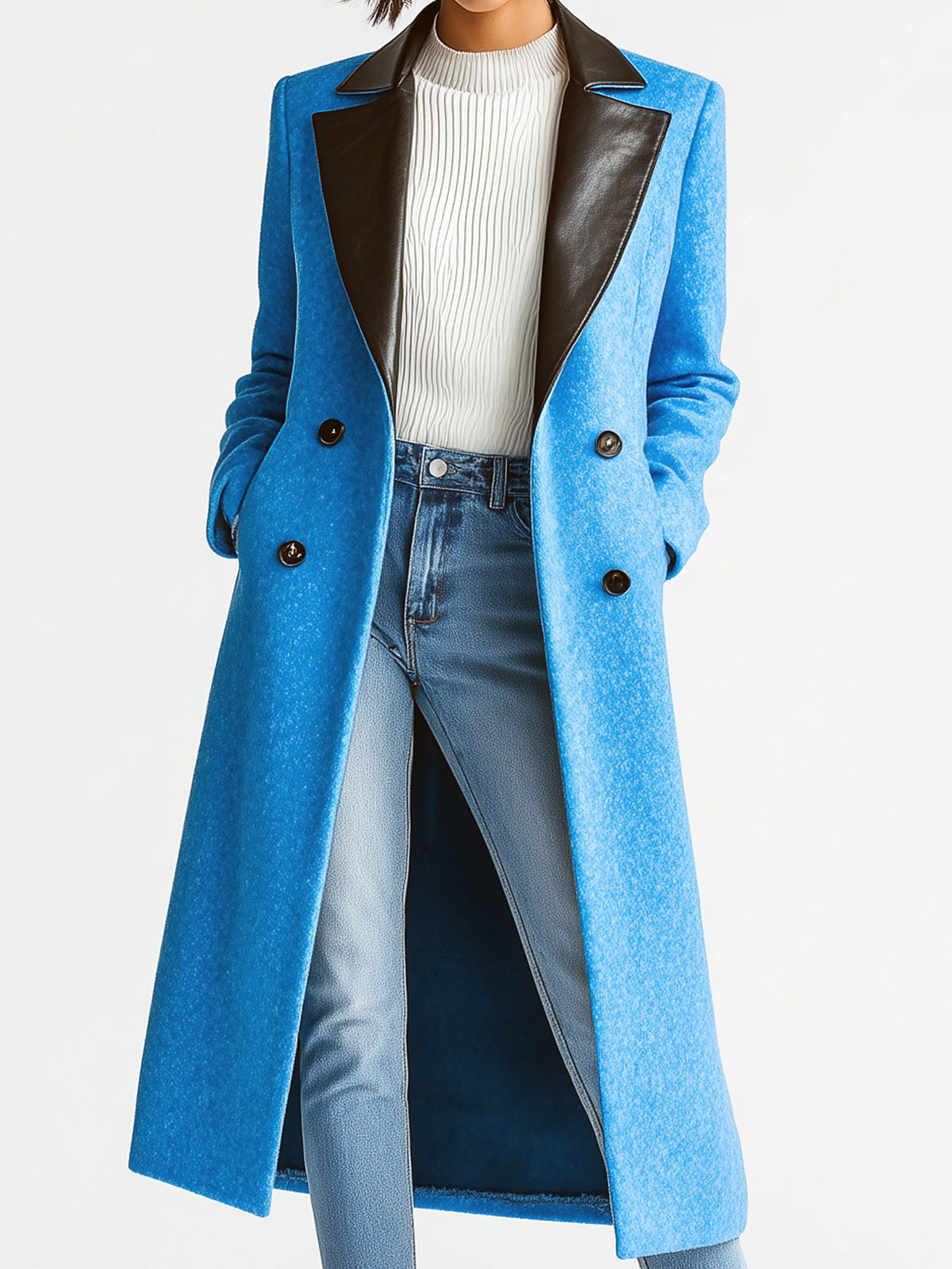 Taidalw Chic Vintage Bright Blue Wool Blend Contrast PU Collar Paneled Double-Breasted Long Coat