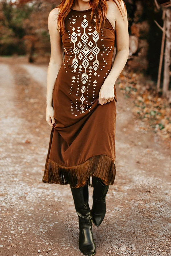 Halterneck Fringed Aztec Print Sleeveless Maxi Dress