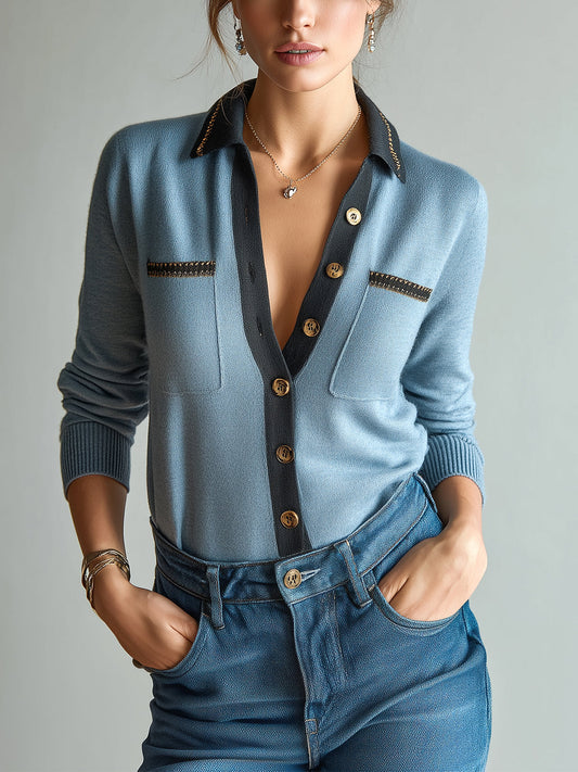 Taidalw Chic Casual Blue Lapel Single-Breasted Chest Pocket Contrast Trim Long-Sleeve Slim Fit Knit Cardigan