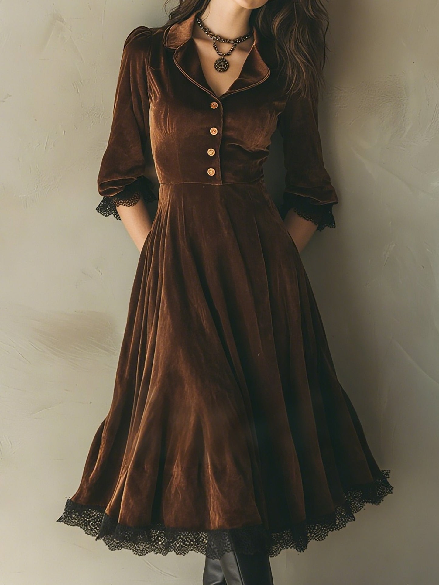 Midi Cotton Dress, Half Sleeve, Lapel Collar, Plain, Lace, Vintage, Coffee