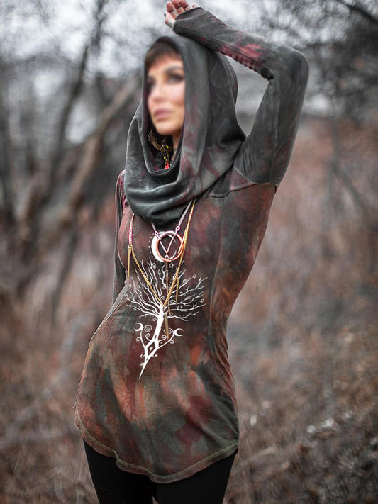 Tribal Elf Moon Tree Print Retro Hoodie