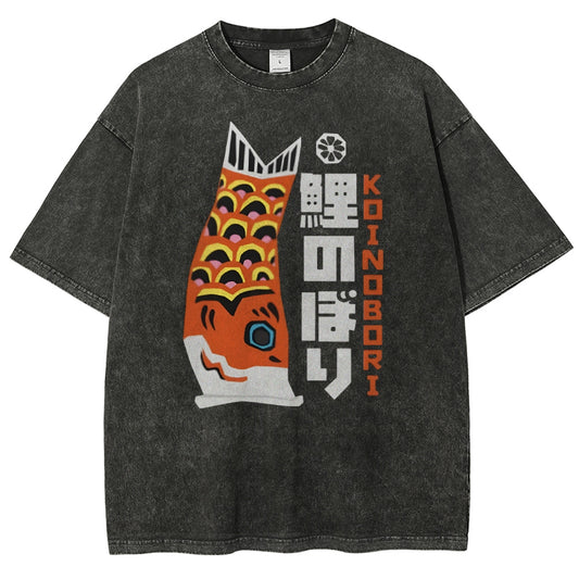 Unisex Japanese Koi Printed Washed Tee