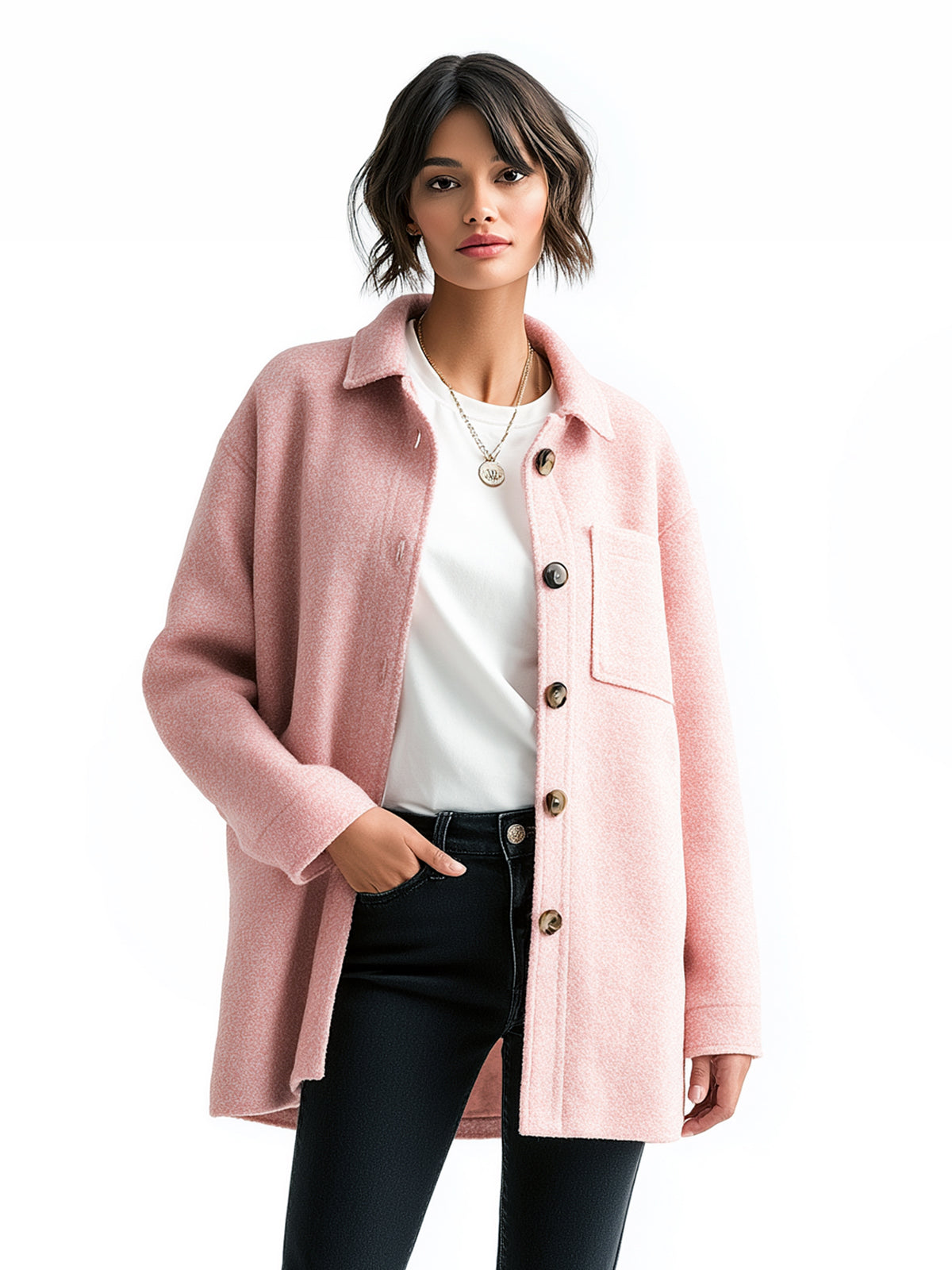 Taidalw Chic Vintage Pink Wool Blend Lapel Single-breasted Patch Pocket Loose Shirt Jacket