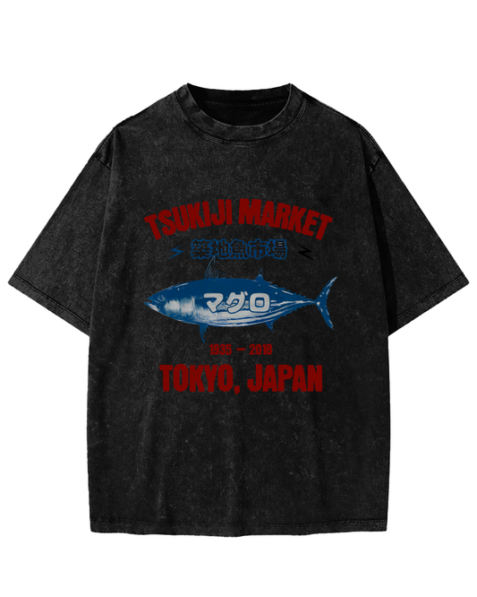 Japanese Tuna Pattern Vintage Distressed T-shirt