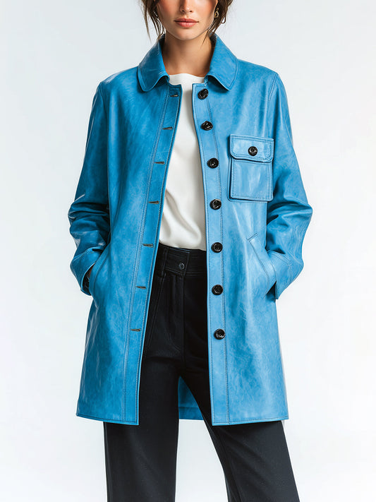 Taidalw Chic Vintage Blue Faux Leather Lapel Single-Breasted Utility Pocket Mid-Length Jacket