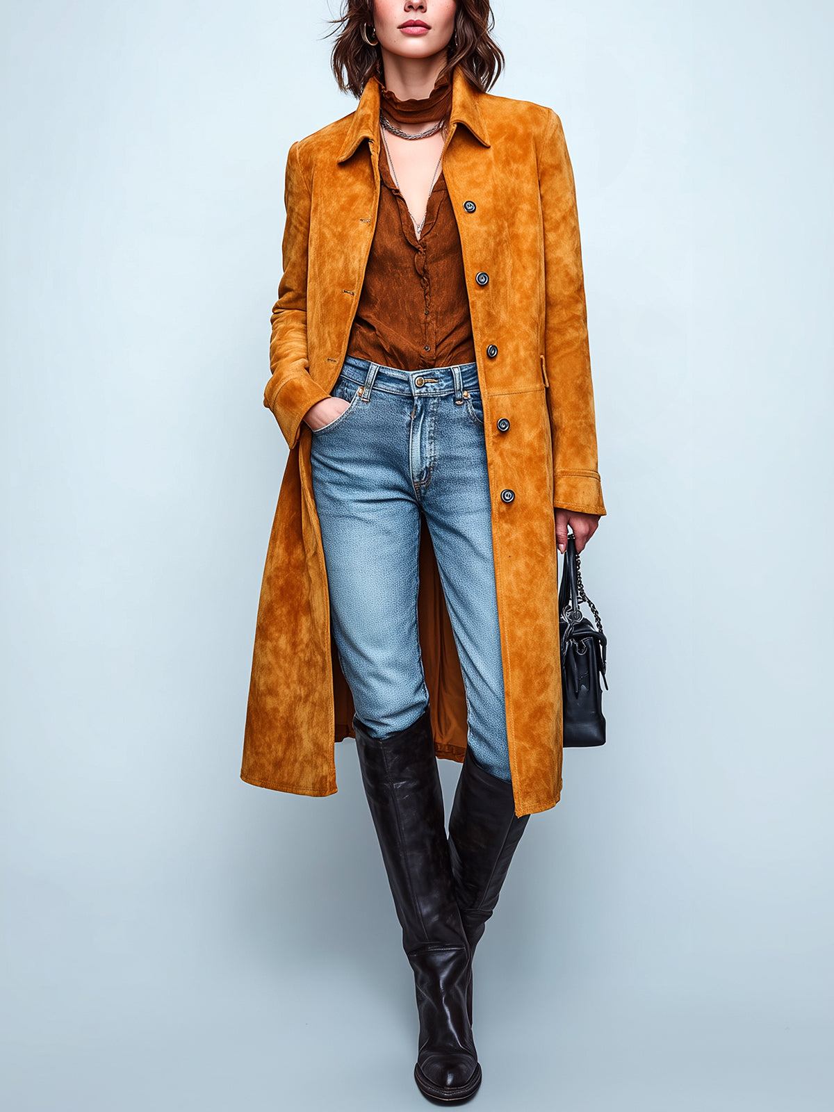 Taidalw Chic Vintage Caramel Faux Suede Lapel Single-breasted Long Single-Breasted Trench Coat