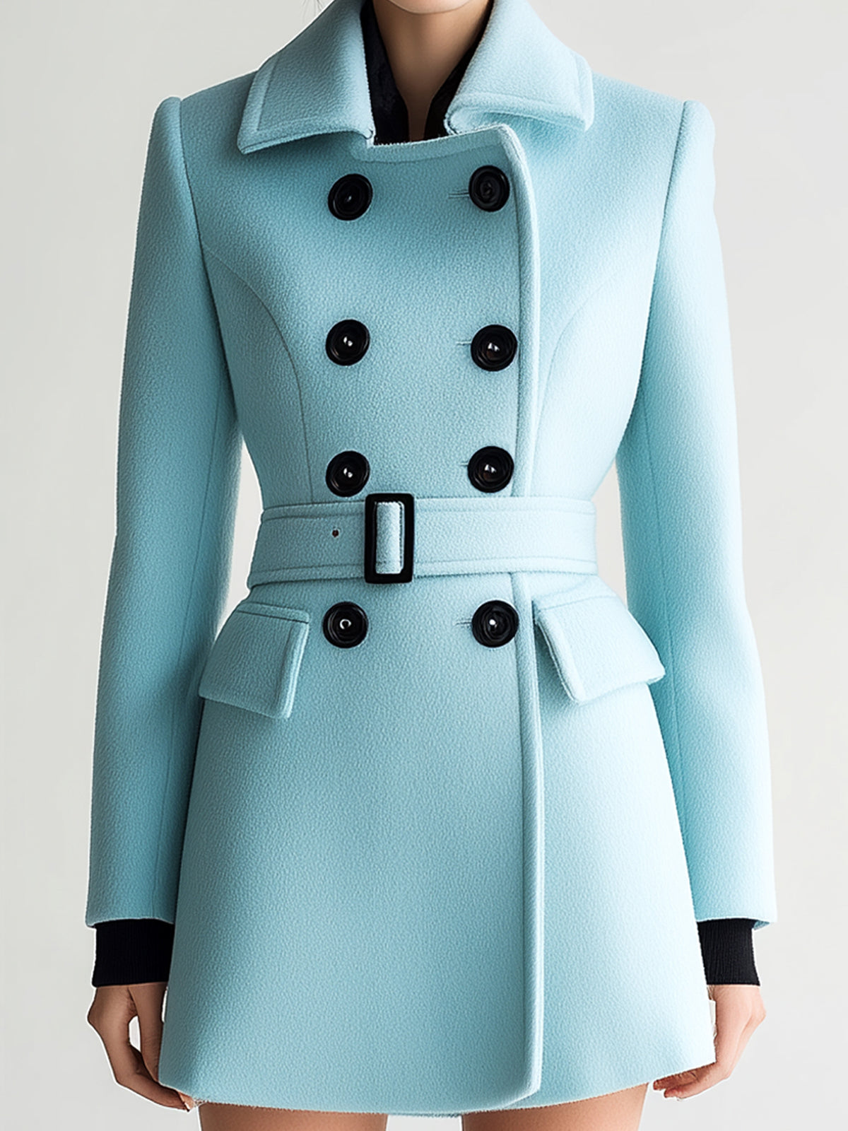 Taidalw Chic Vintage Ligh Blue Wool Blend Lapel Double-Breasted Belted Slim-Fit Peacoat