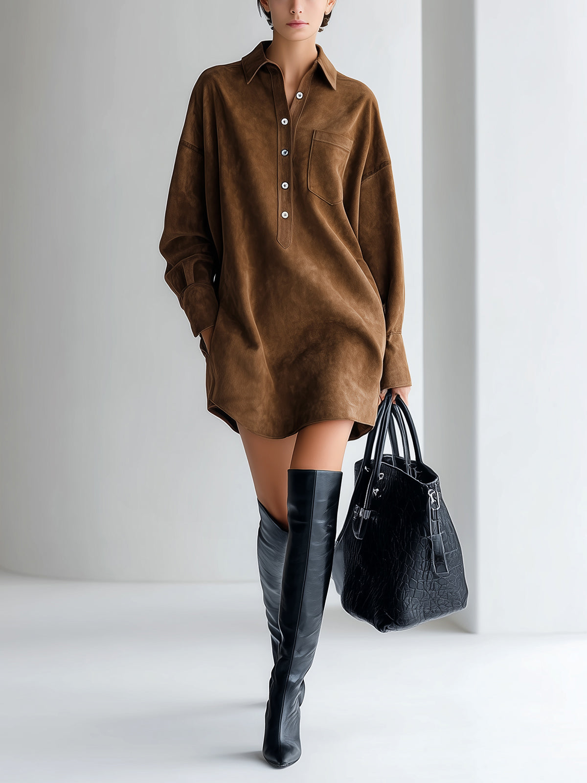 Taidalw Chic Vintage Brown Faux Suede Lapel Button-Front Patch Pocket Long Sleeve Oversized Mini Dress