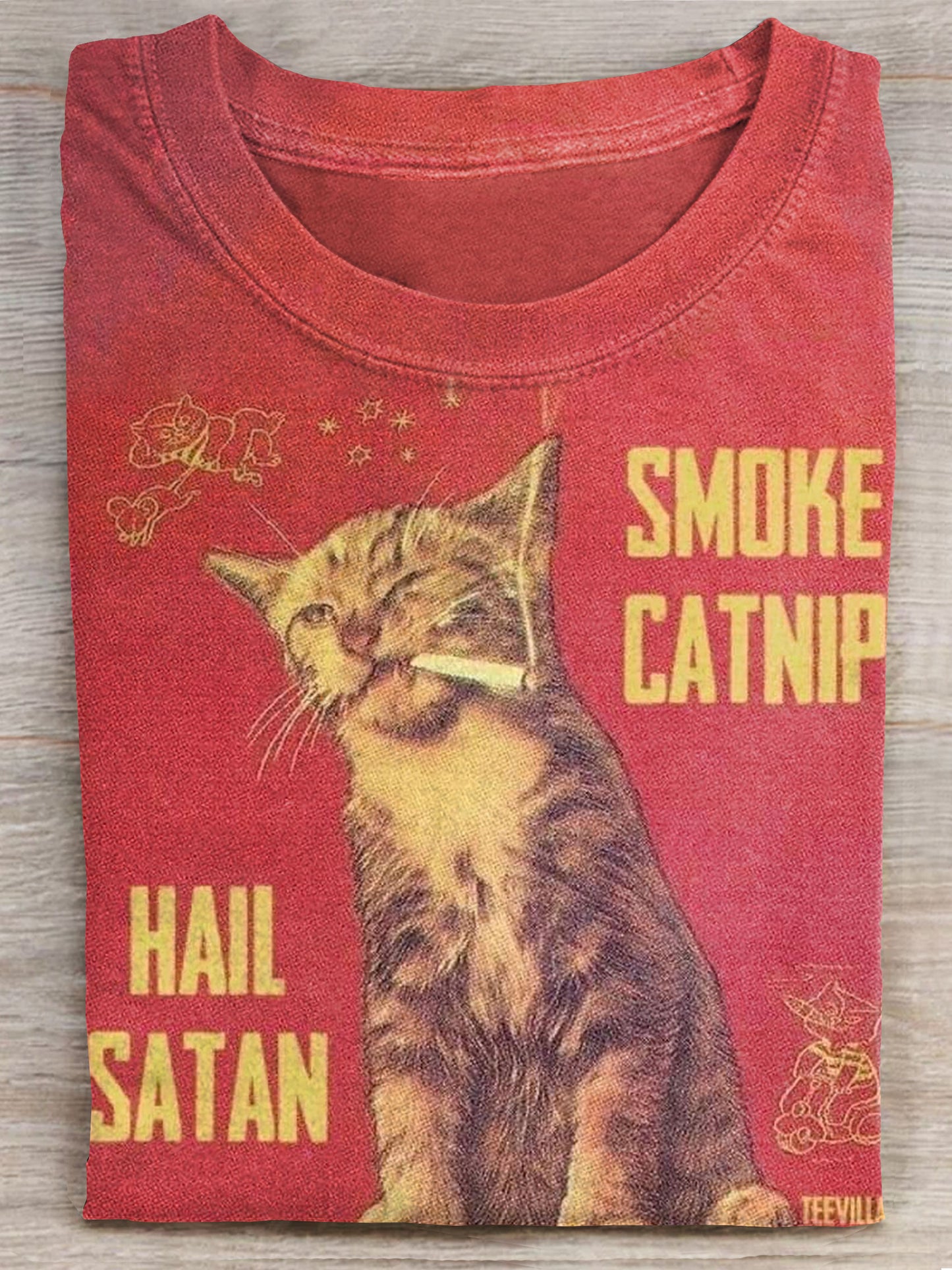 Vintage Smoke CatNip Hail Satan Cat Art Print Casual Short Sleeve T-shirt