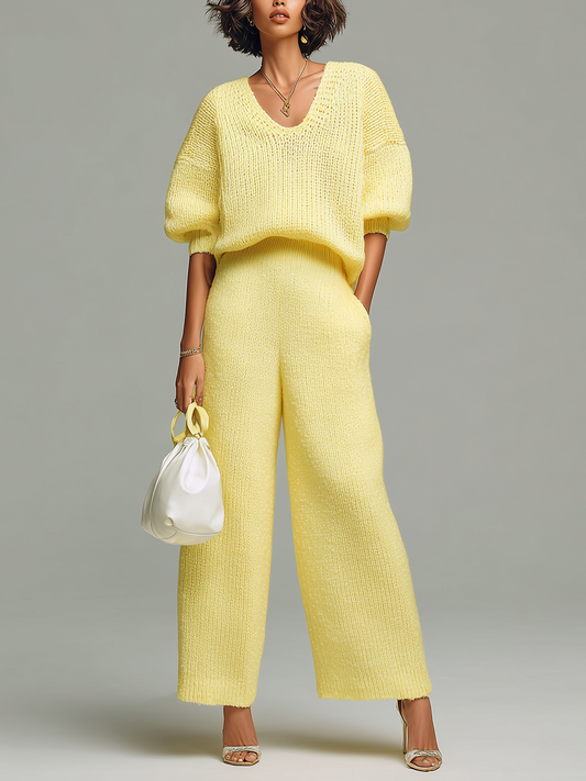 Taidalw Chic Casual Yellow V-Neck Short-Sleeve Loose-Fit Top Wide-Leg Pants Ribbed Knit Two-Piece Set