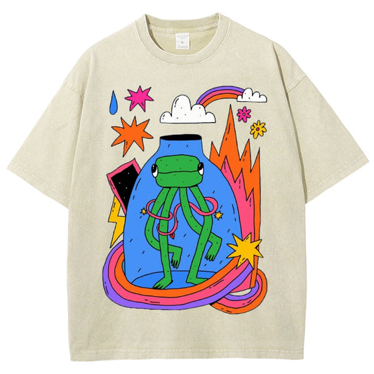 Unisex Abstract Art Frog Printed Washed Tee