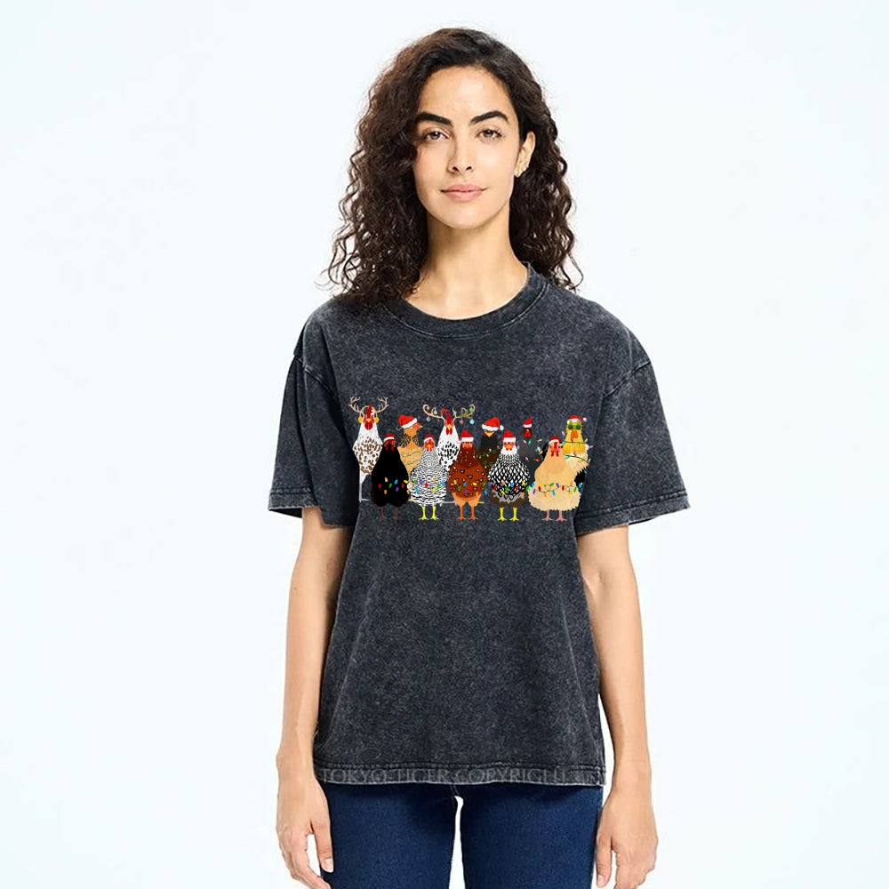 Unisex Christmas Chicken Printed Washed Tee