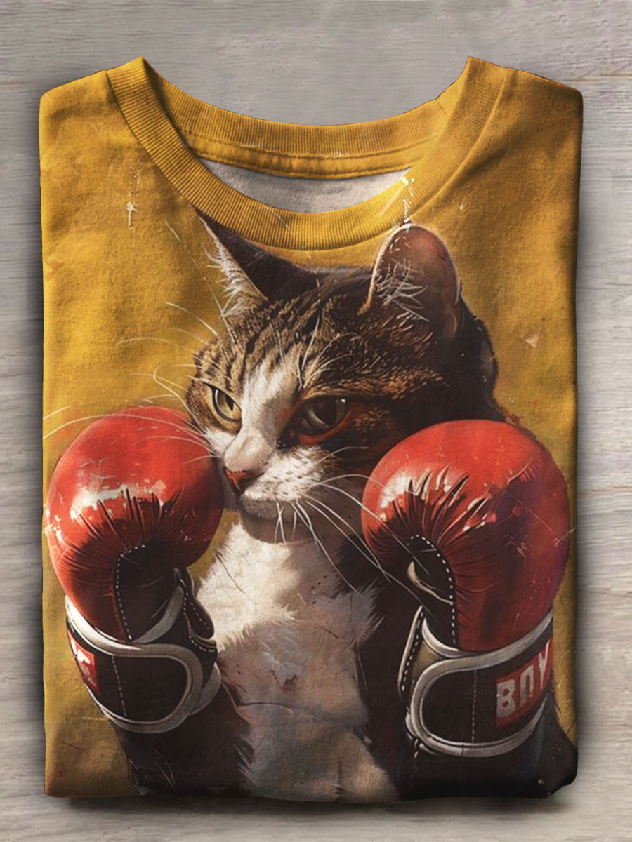 Boxing Cat Print Casual Short Sleeve Top